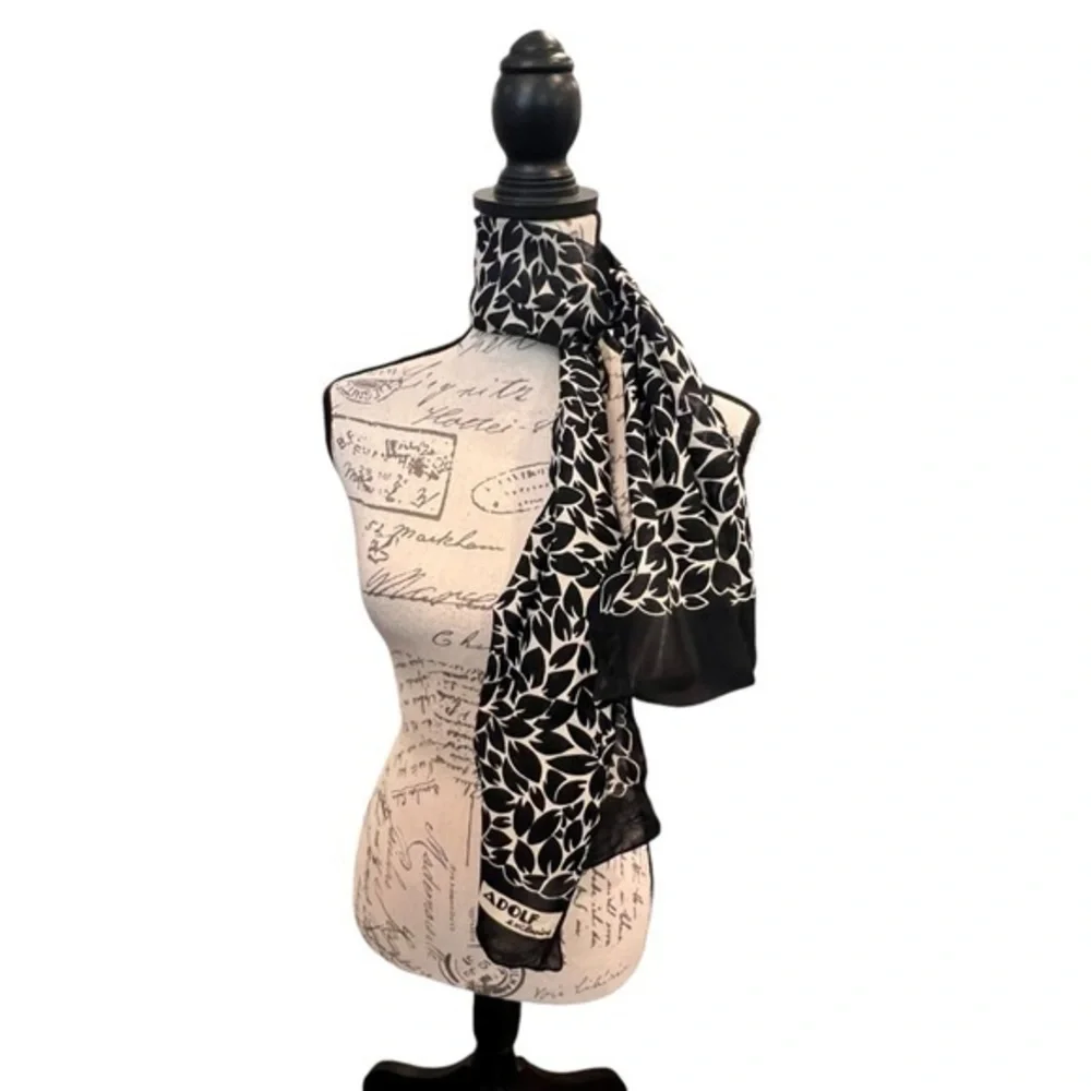Vintage Adolf Exclusive Rectangle Scarf‎ Classic Black White Floral Nature Print